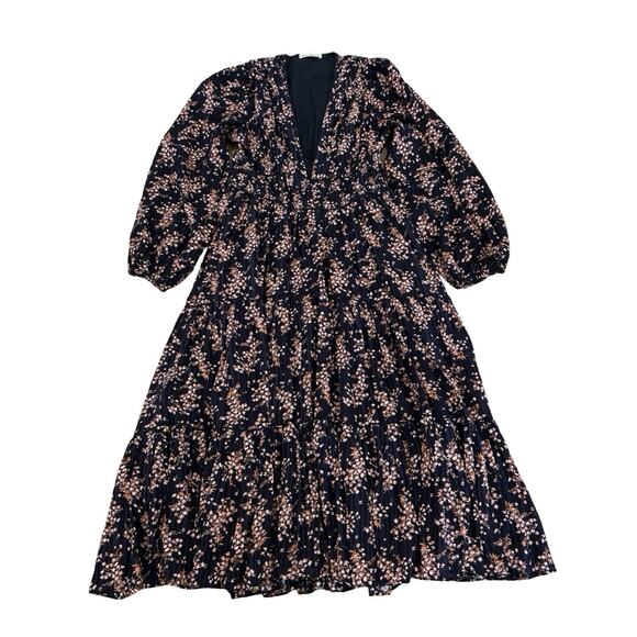 Ulla Johnson Dresses & Skirts - Ulla Johnson Joan Floral Print Midi Dress Size 4 Black Cotton Blend Lined V Neck